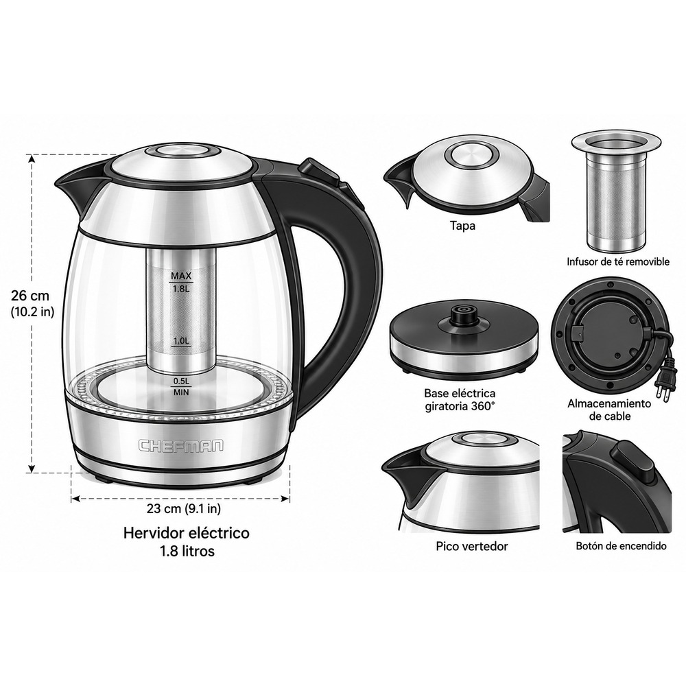 Hervidor eléctrico inalámbrico de vidrio Chefman de 1,8 L – Modelo RJ11-17-TI